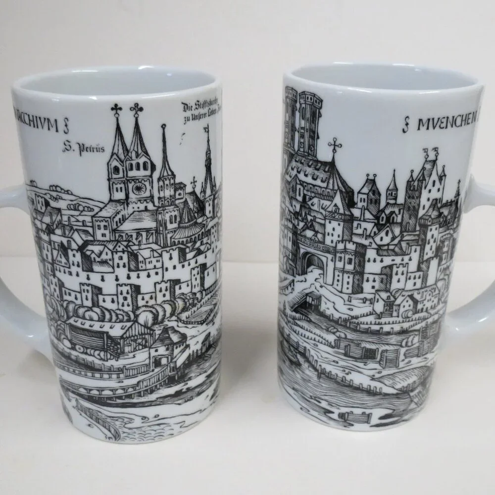 B & W Mugs Germany VTG Muenchen Munich Art (2) Coffee City Scene Architecture